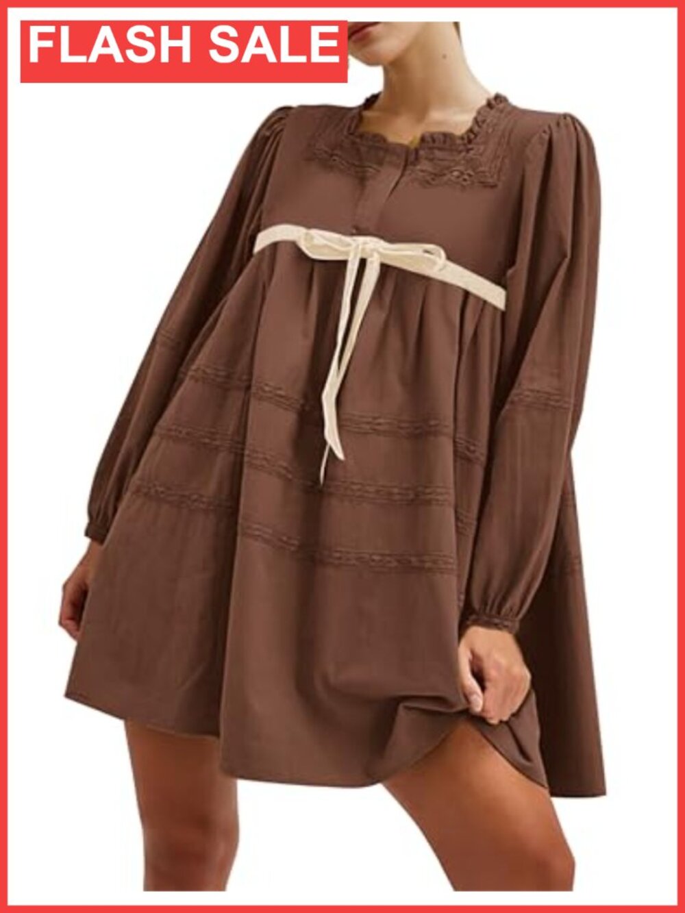Women's Long Sleeve Babydoll Mini Dress With Puff Sleeves And Lace Embroidery